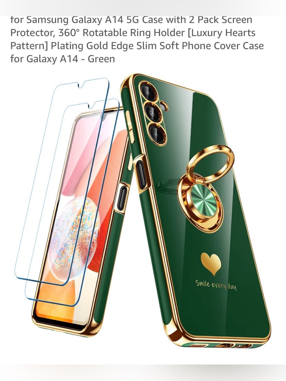 ☎️Green Slim Phone Case&Gold Trim Ring Holder& screen protector for Samsung A14